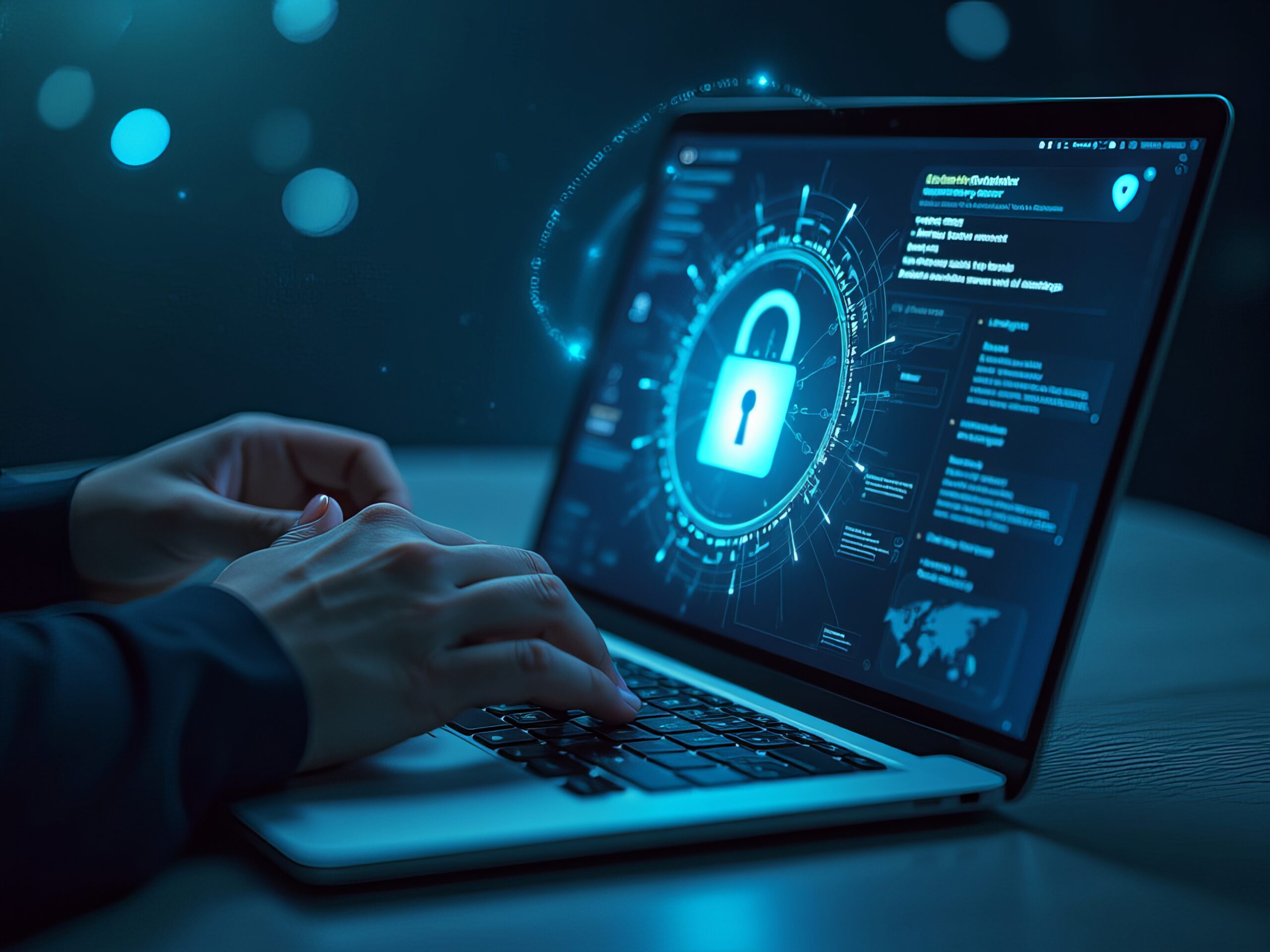 a digital representation of cybersecurity concepts. It includes a central shield icon